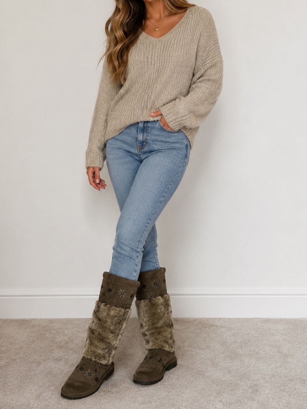Faux-Fur Cuff Brown Winter Boots with Embroidered Detail
